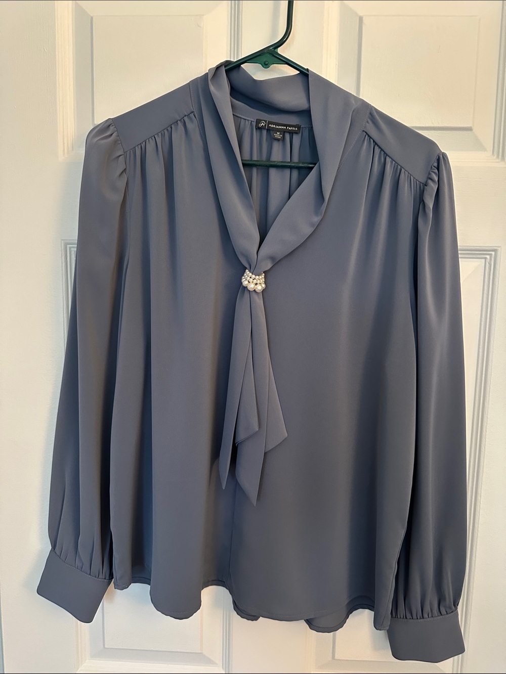 Adrianna Papell Dusky Blue Pearl-Accent Tie-Neck Blouse